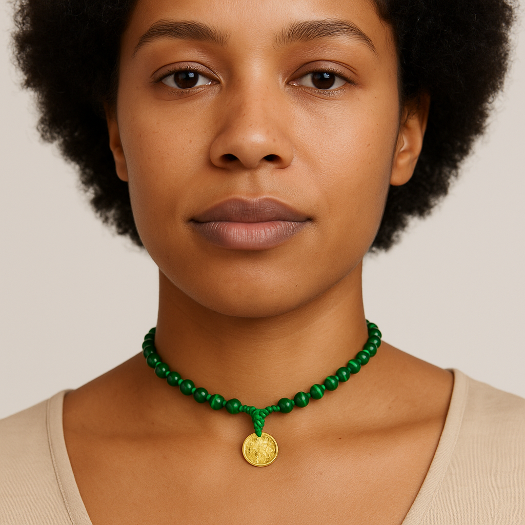 Malachite Hand Knotted Beaded Necklace with Genuine Coin