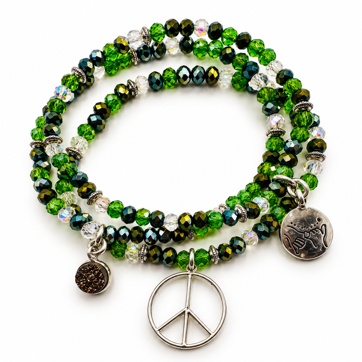 Crystal Beaded Bracelet Stack with Sterling Peace Charms