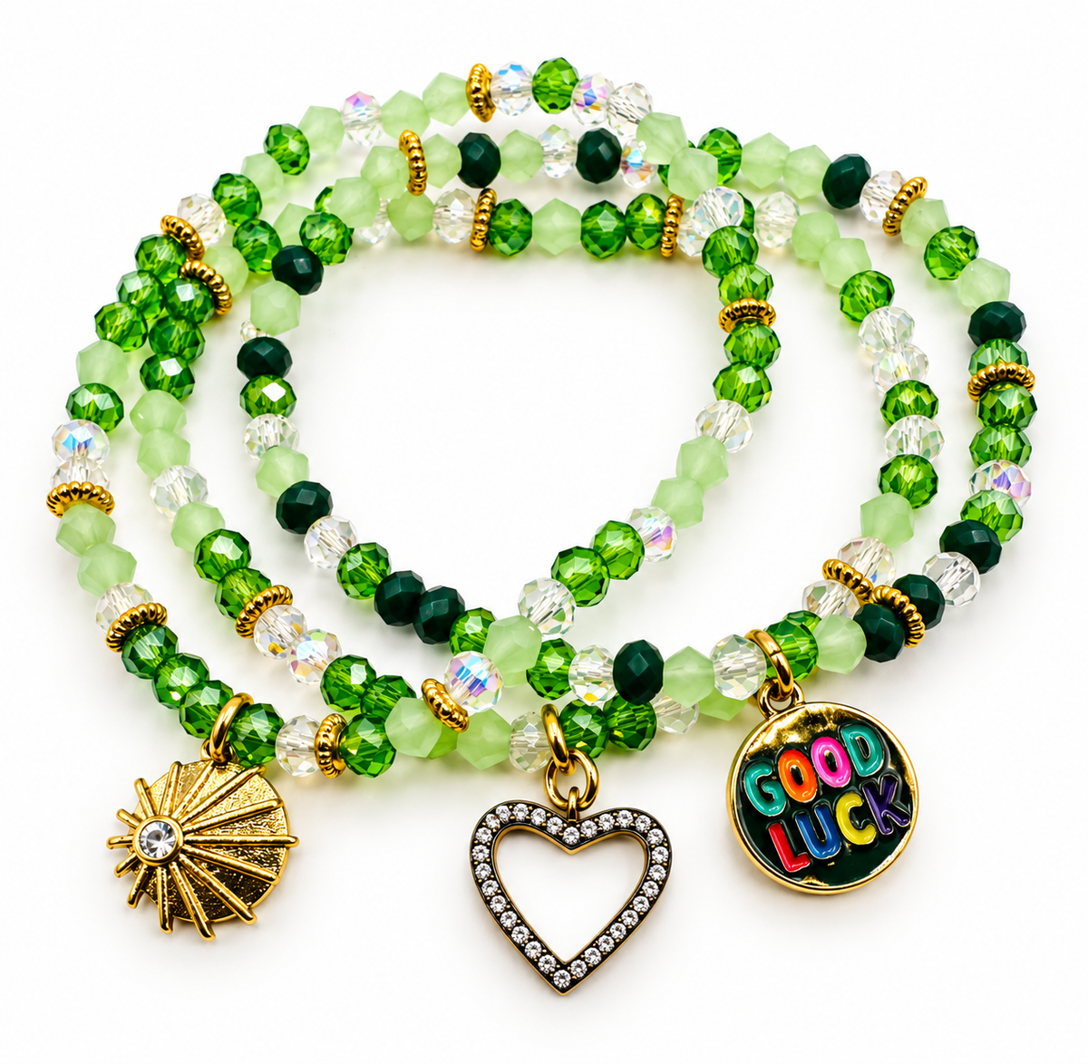 Crystal Beaded Bracelet Stack with Good Luck Charms
