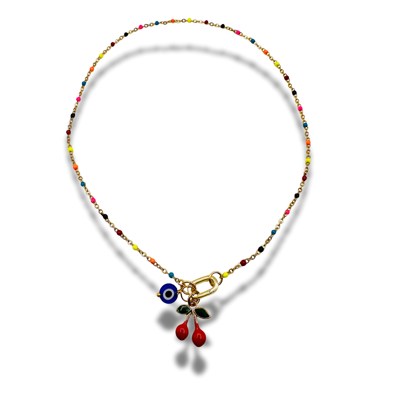 Colorful beaded necklace with an evil eye pendant on a white background