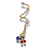 Colorful beaded necklace with a cherries and eye charm on a white background