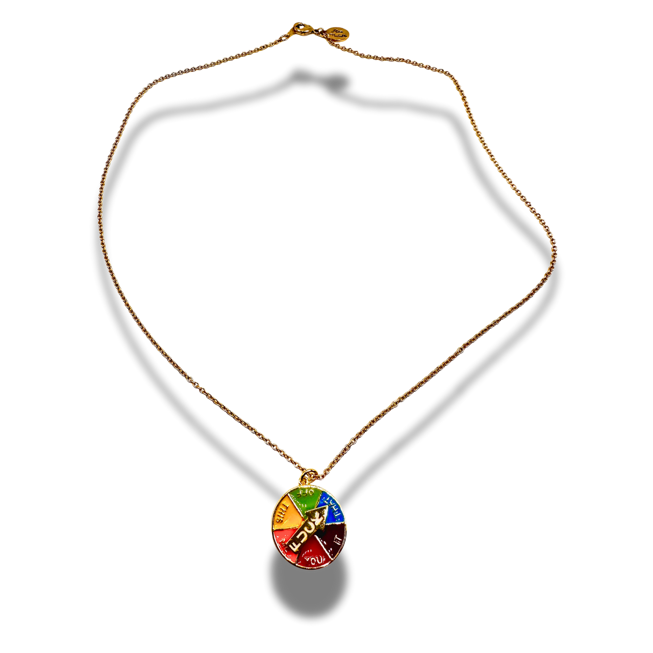 Necklace with a colorful circular pendant on a white background