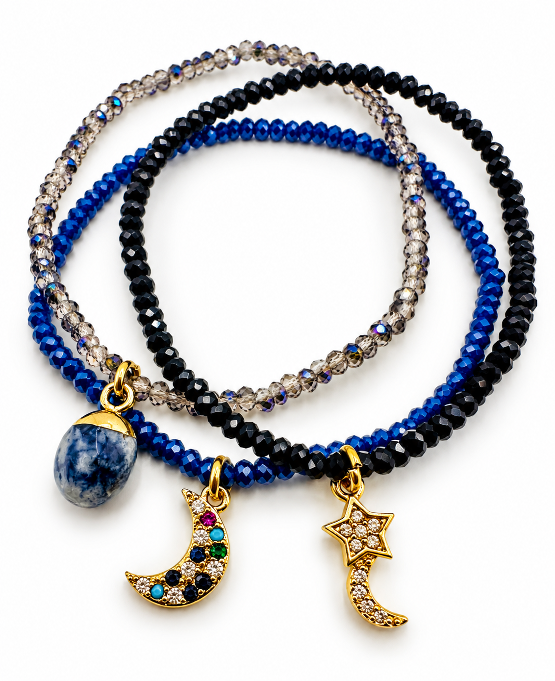 Mini Crystal Bracelet Stack with Moon & Star Charms