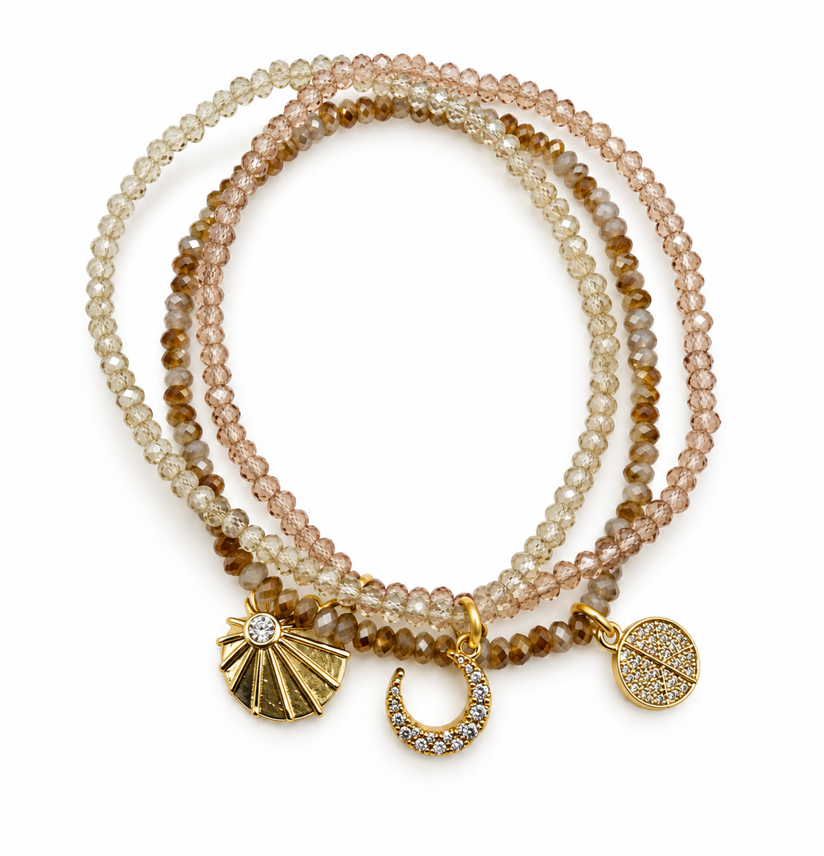 Mini Crystal Bracelet Stack with Pavé Moon and Peace Charms