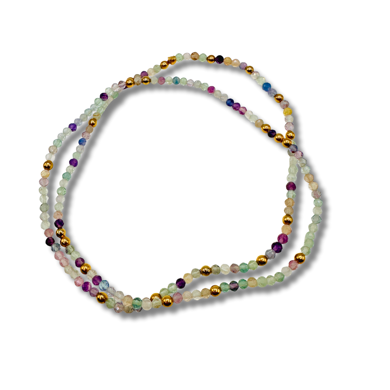 Multicolored beaded necklace on a white background
