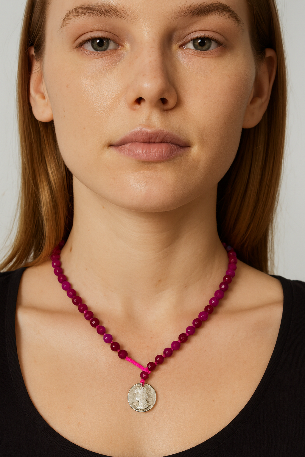 Fuchsia Quartz Hand Knotted Beaded Necklace with Genuine Coin