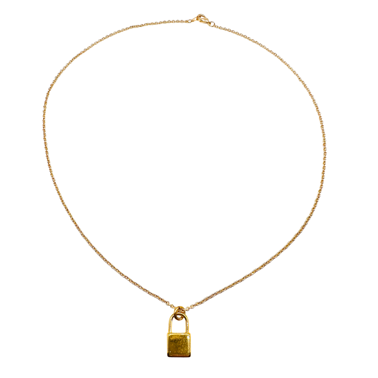 Gold necklace with a padlock pendant on a white background