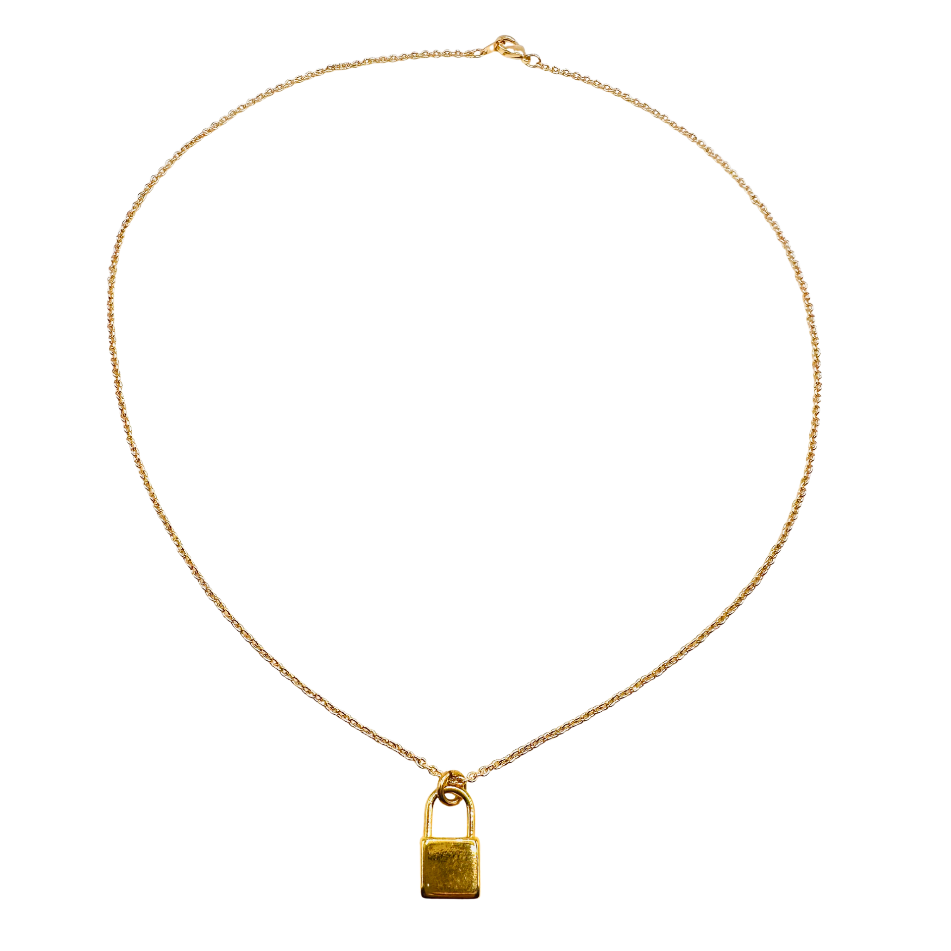 Gold necklace with a padlock pendant on a white background