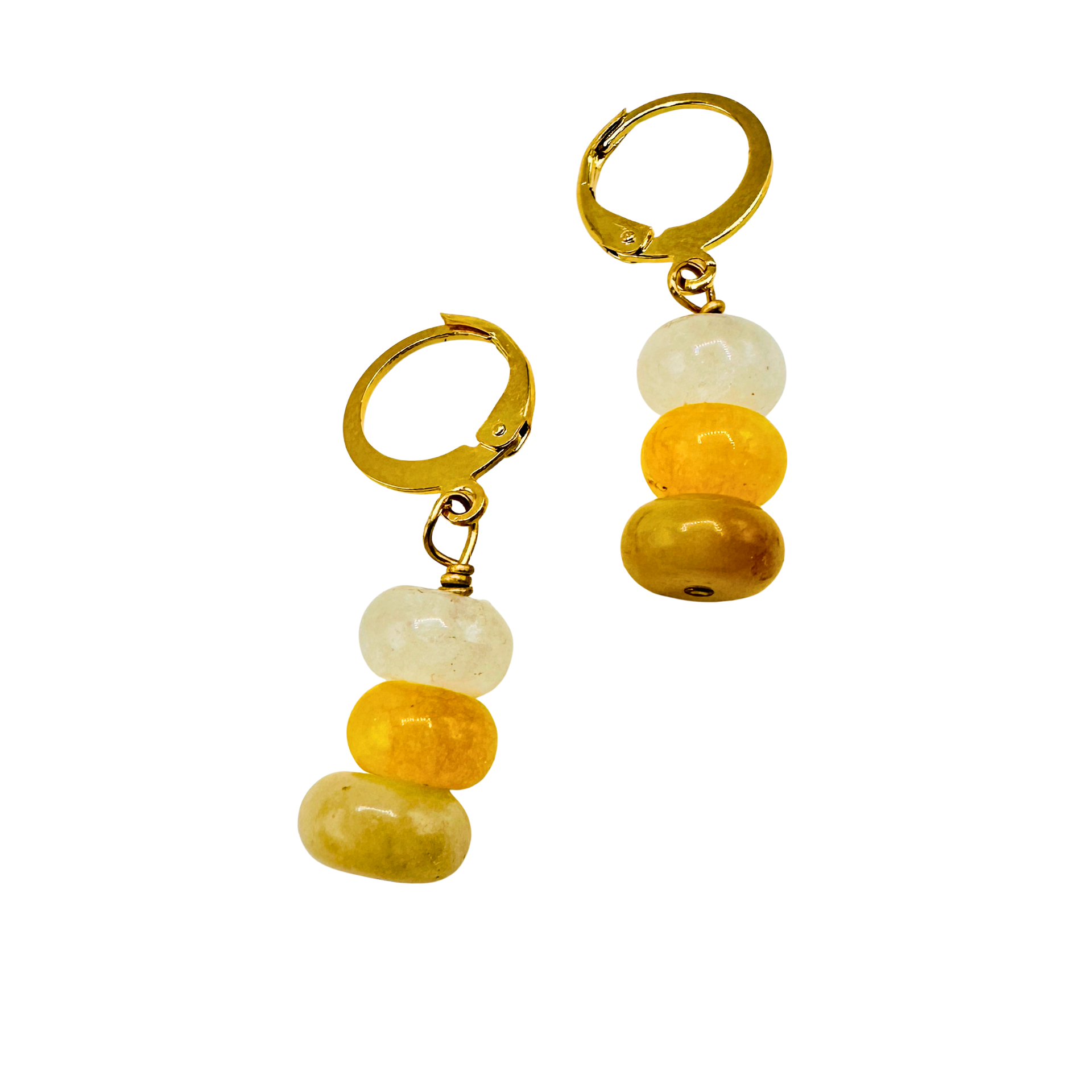 Pair of gold hoop earrings with yellow and white bead drops on a white background