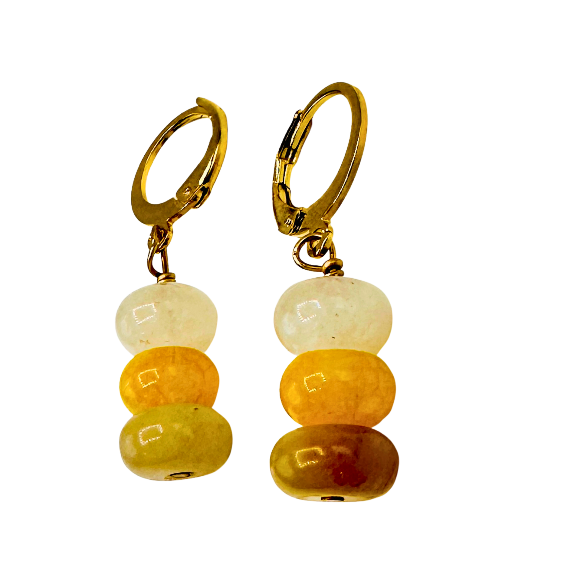 Pair of gold hoop earrings with multicolored bead drops on a white background