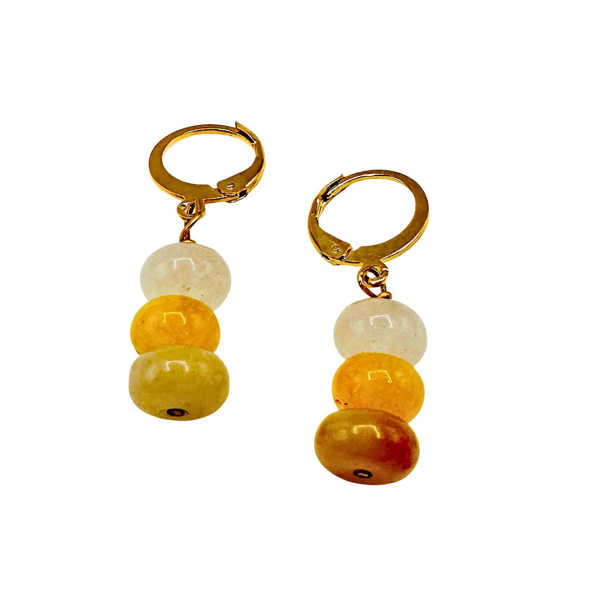 Pair of earrings with gold hooks and multicolored beads on a white background