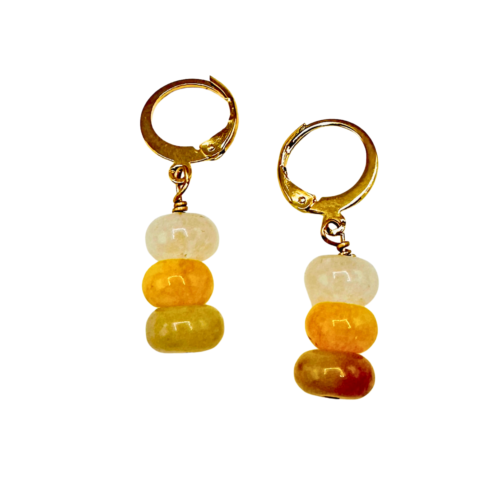 Pair of gold hoop earrings with colorful bead drops on a white background