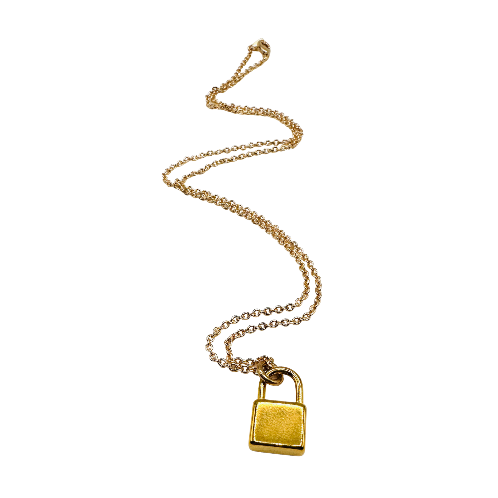 Gold padlock necklace on a white background