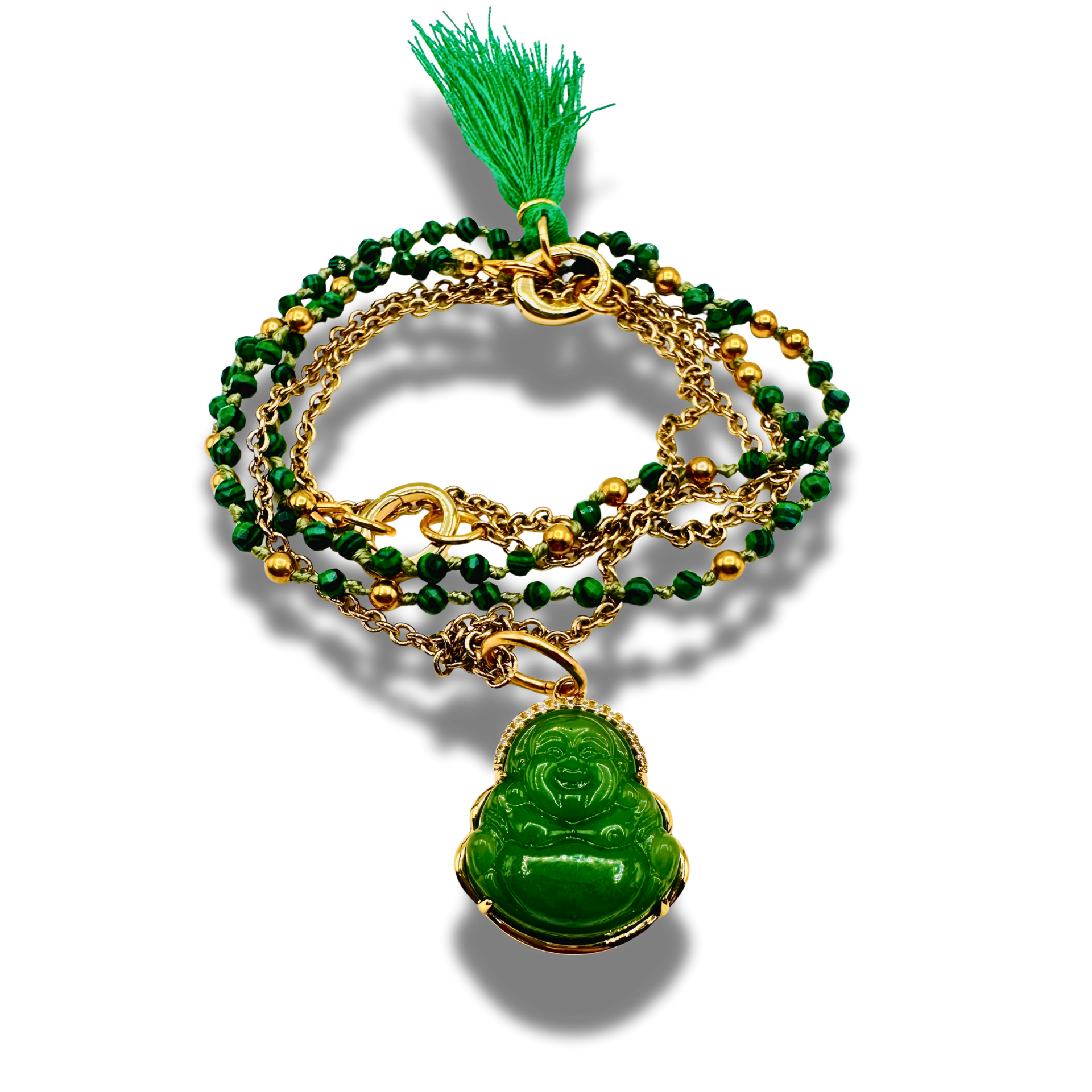 Green and gold beaded necklace with a Buddha pendant on a white background