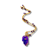 Gold necklace with purple amethyst pendant on a white background