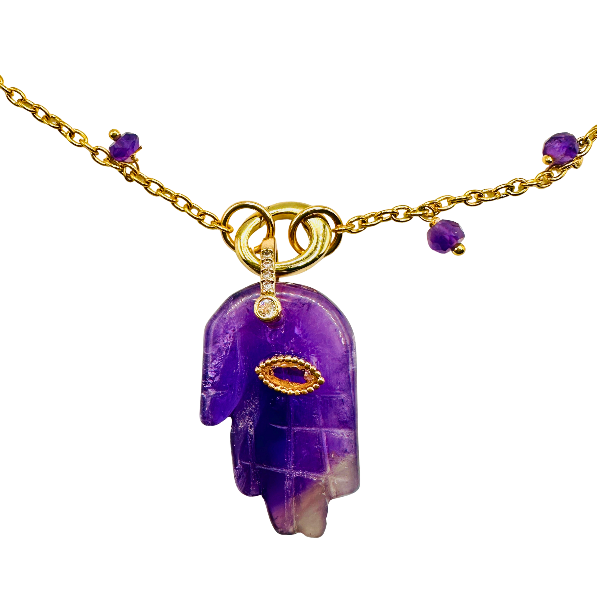 Purple crystal pendant necklace with gold accents on a white background