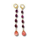 Pair of earrings with gold hooks, purple beads, and pink stone drops on a white background