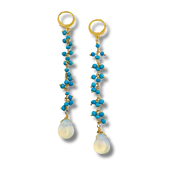 Pair of earrings with blue beads and white stones on a white background