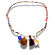charm necklace with rainbow beads and star, coin charm