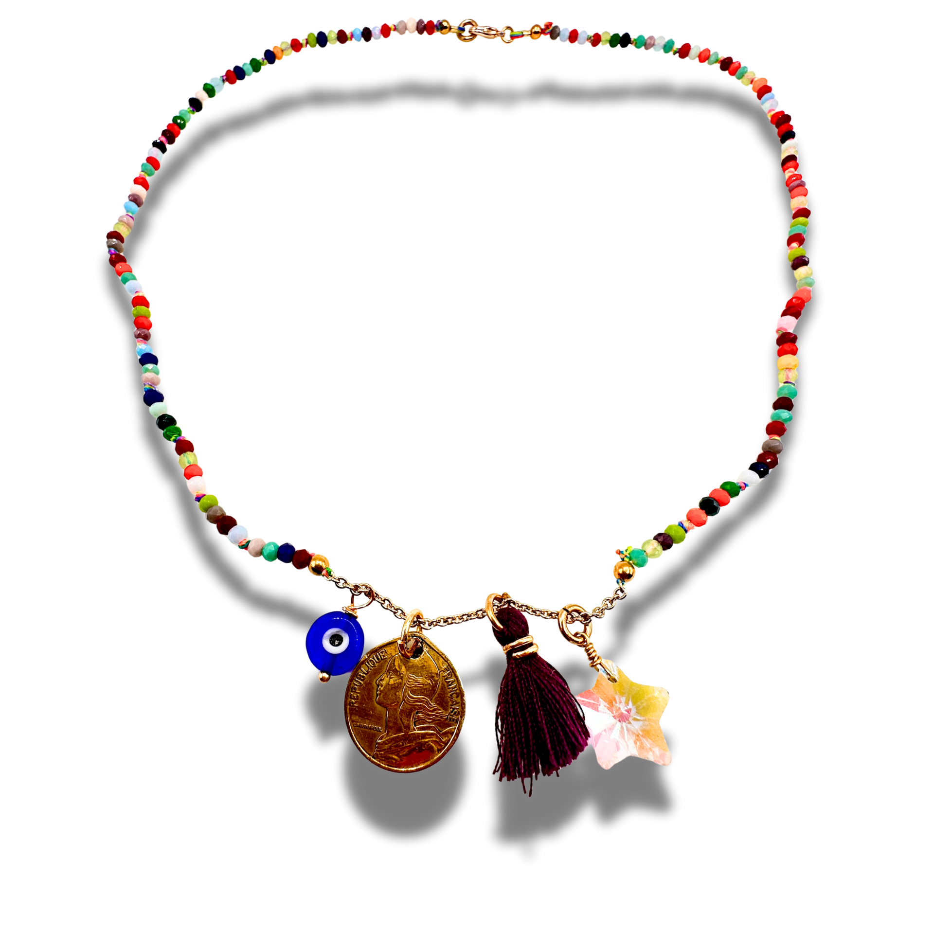 charm necklace with rainbow beads and star, coin charm