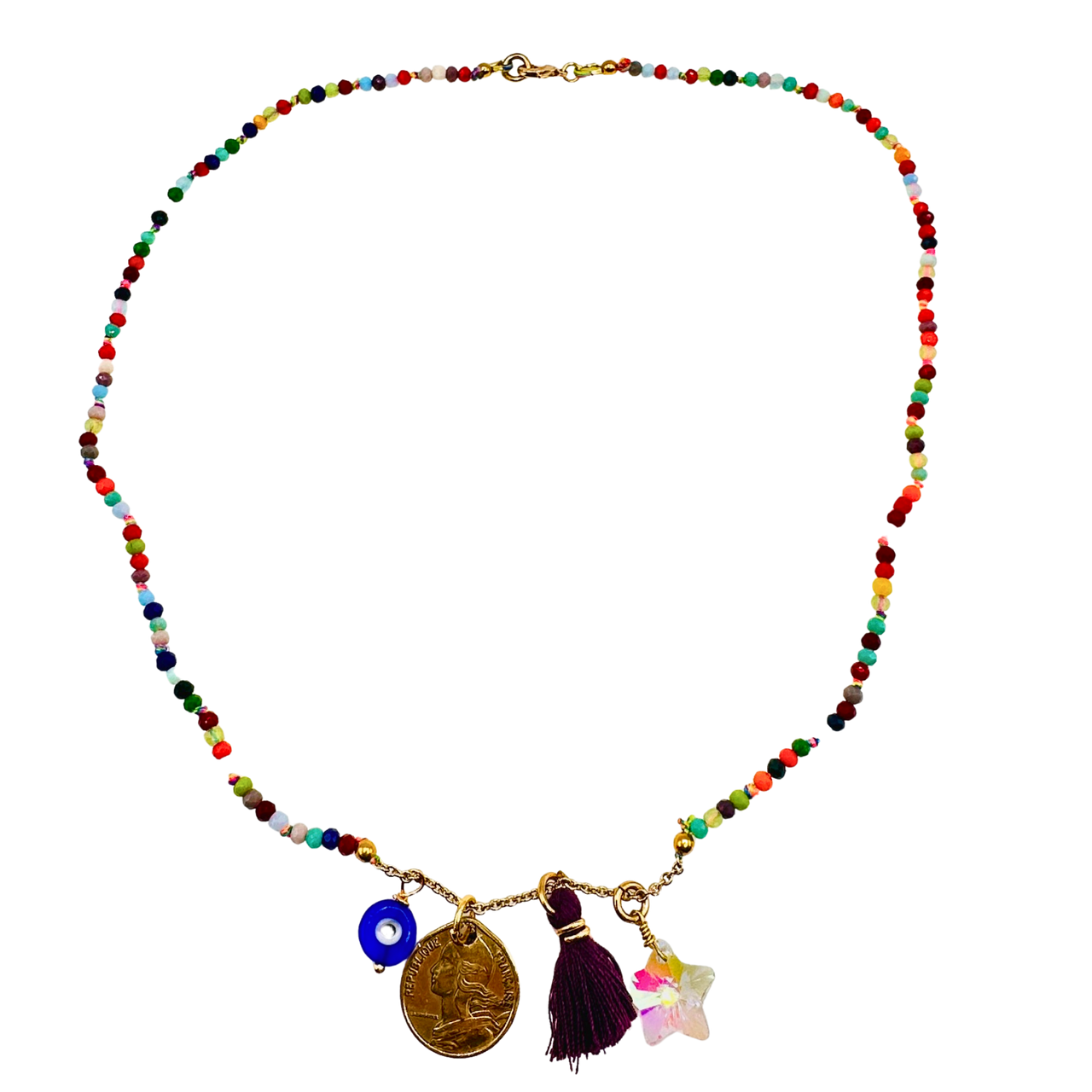 hand beaded necklace with a genuine coin