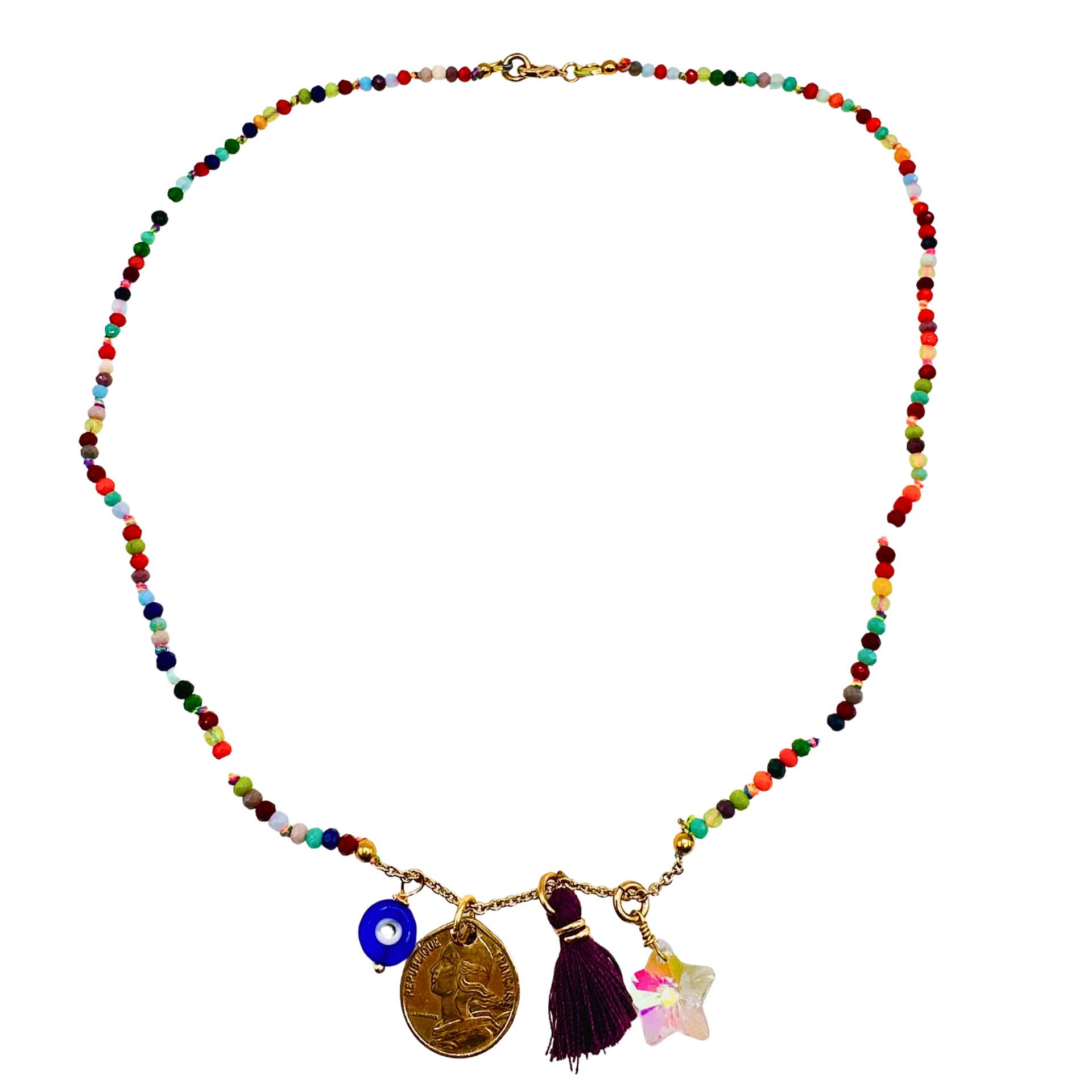 hand beaded necklace with a genuine coin