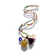 beaded charm necklace with coin, evil eye, star, tassel