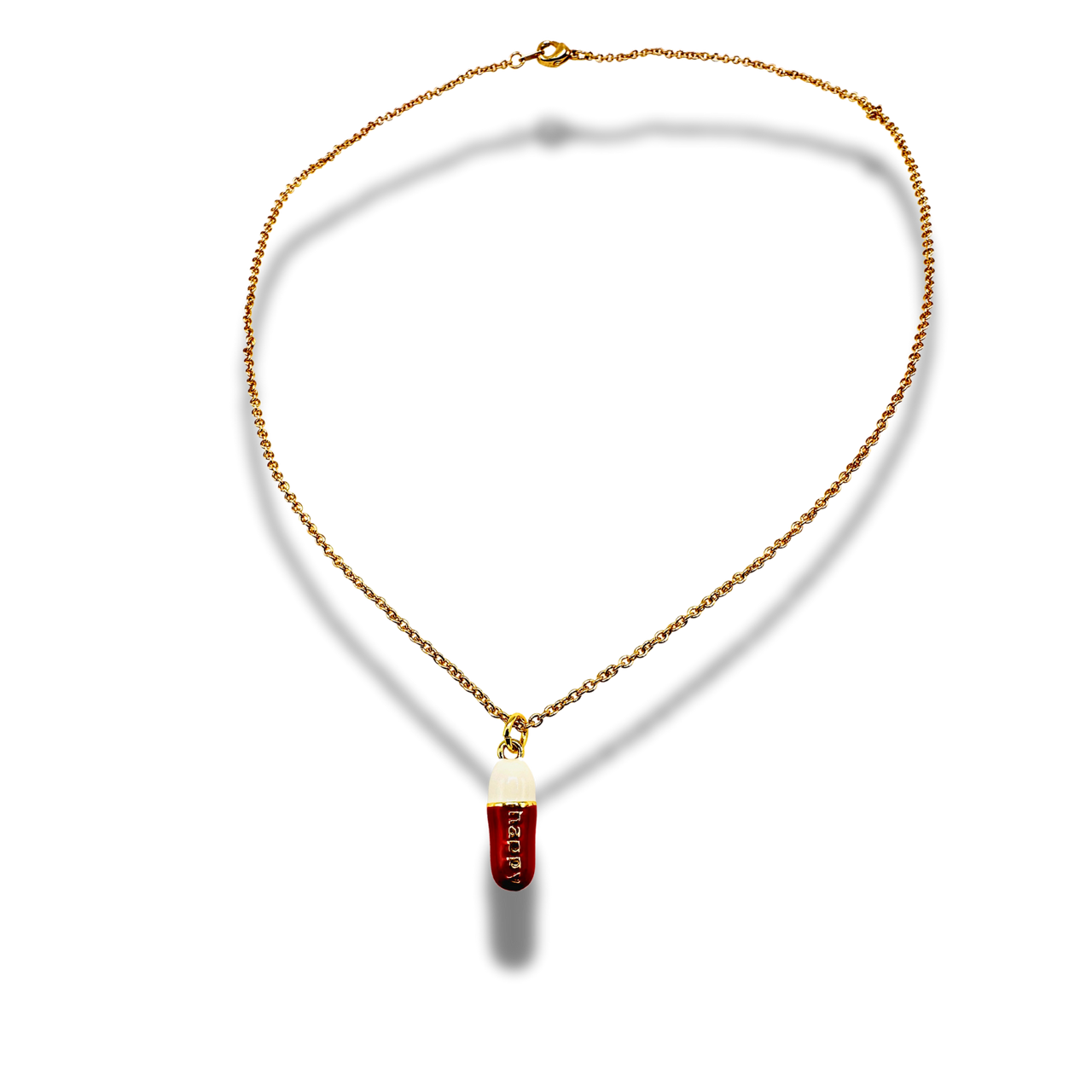 Gold necklace with a cylindrical pendant on a white background