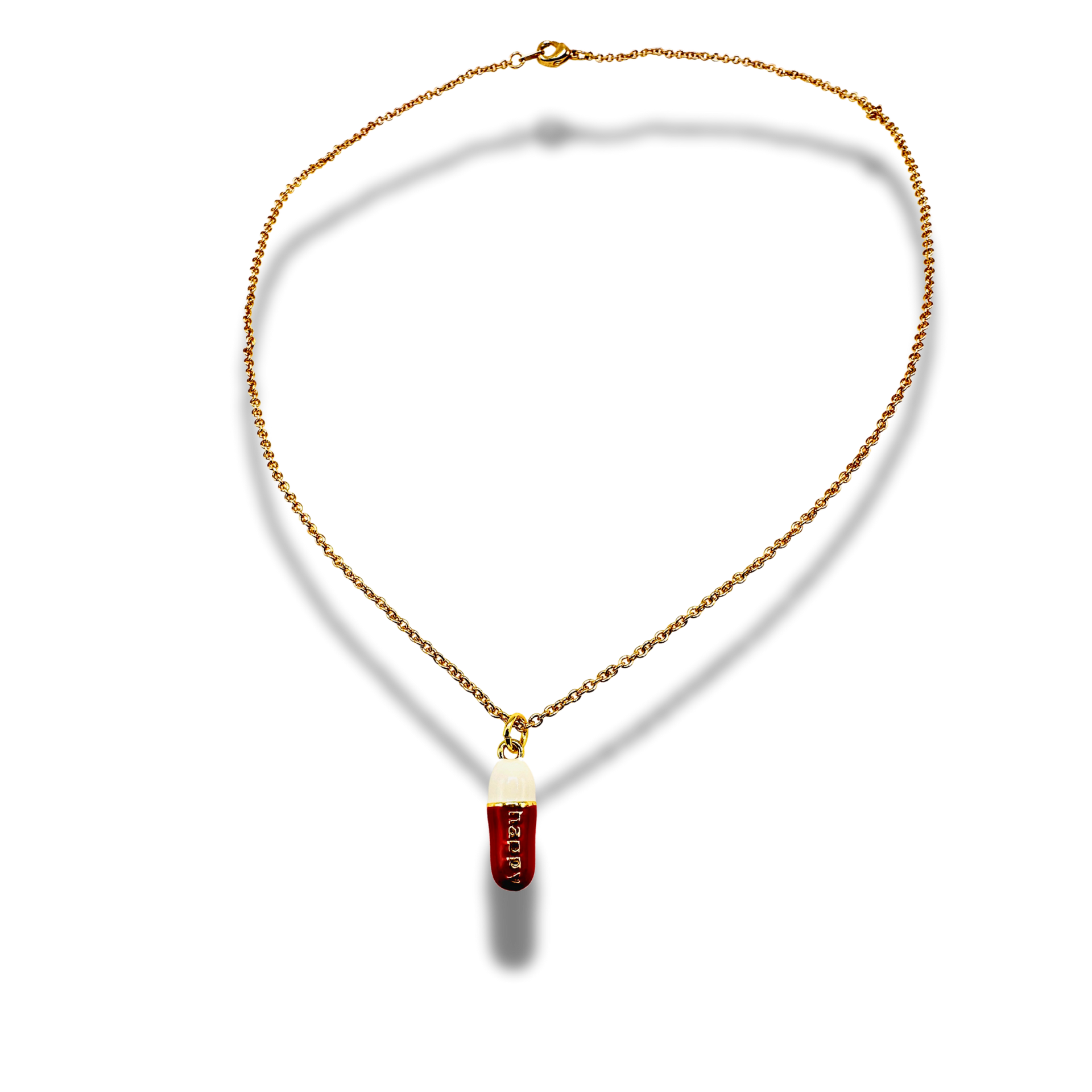 Gold necklace with a cylindrical pendant on a white background