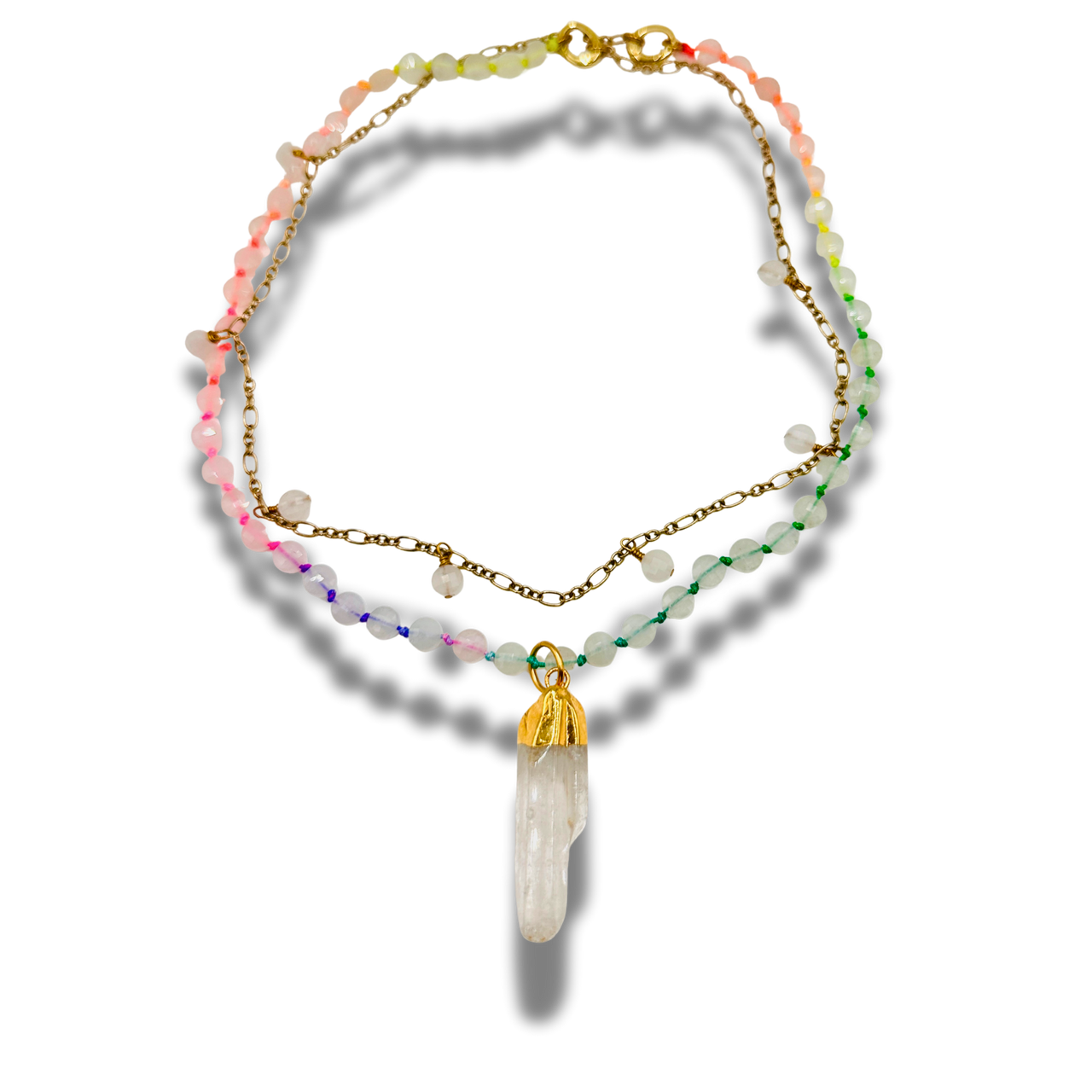 Multicolored beaded bracelet with a gold chain and crystal pendant on a white background