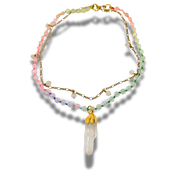 Multicolored beaded bracelet with a gold chain and crystal pendant on a white background