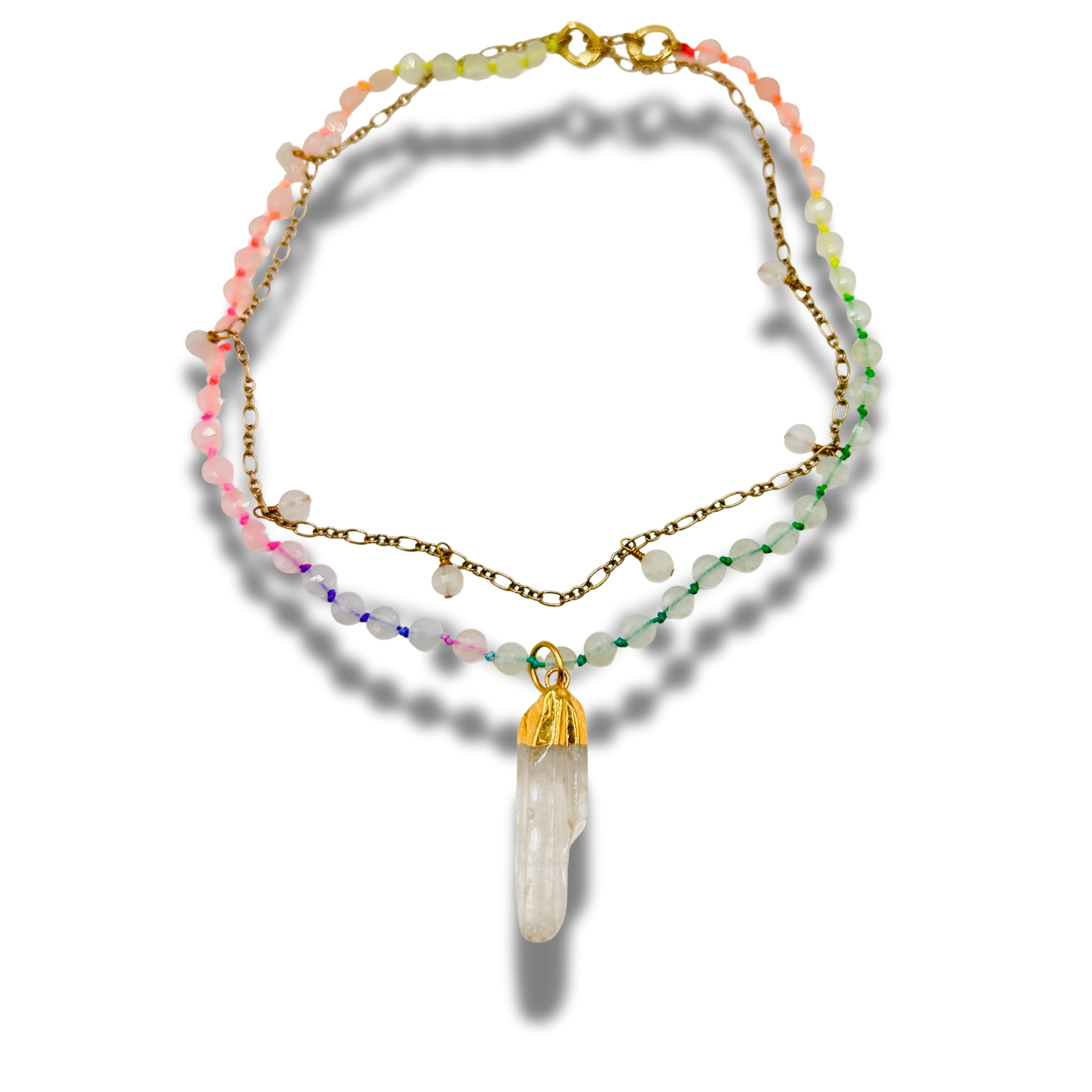 Multicolored beaded bracelet with a gold chain and crystal pendant on a white background