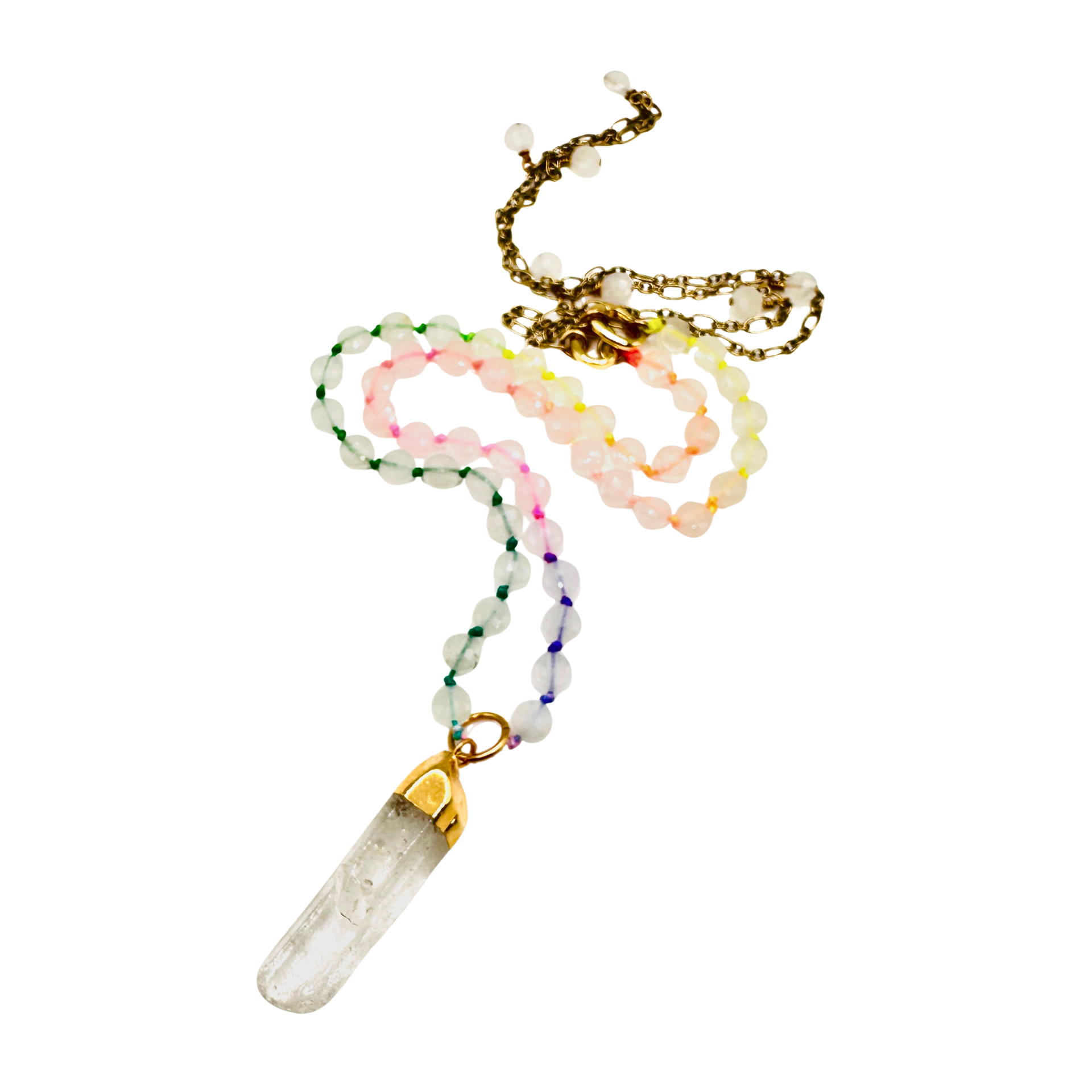 Beaded necklace with a clear crystal pendant on a white background