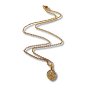 Gold necklace with a round pendant on a white background