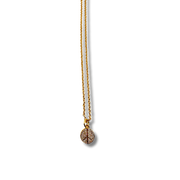 Gold necklace with a circular pendant on a white background