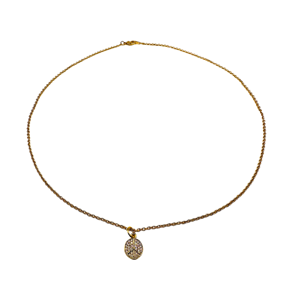 Gold necklace with a small pendant on a white background