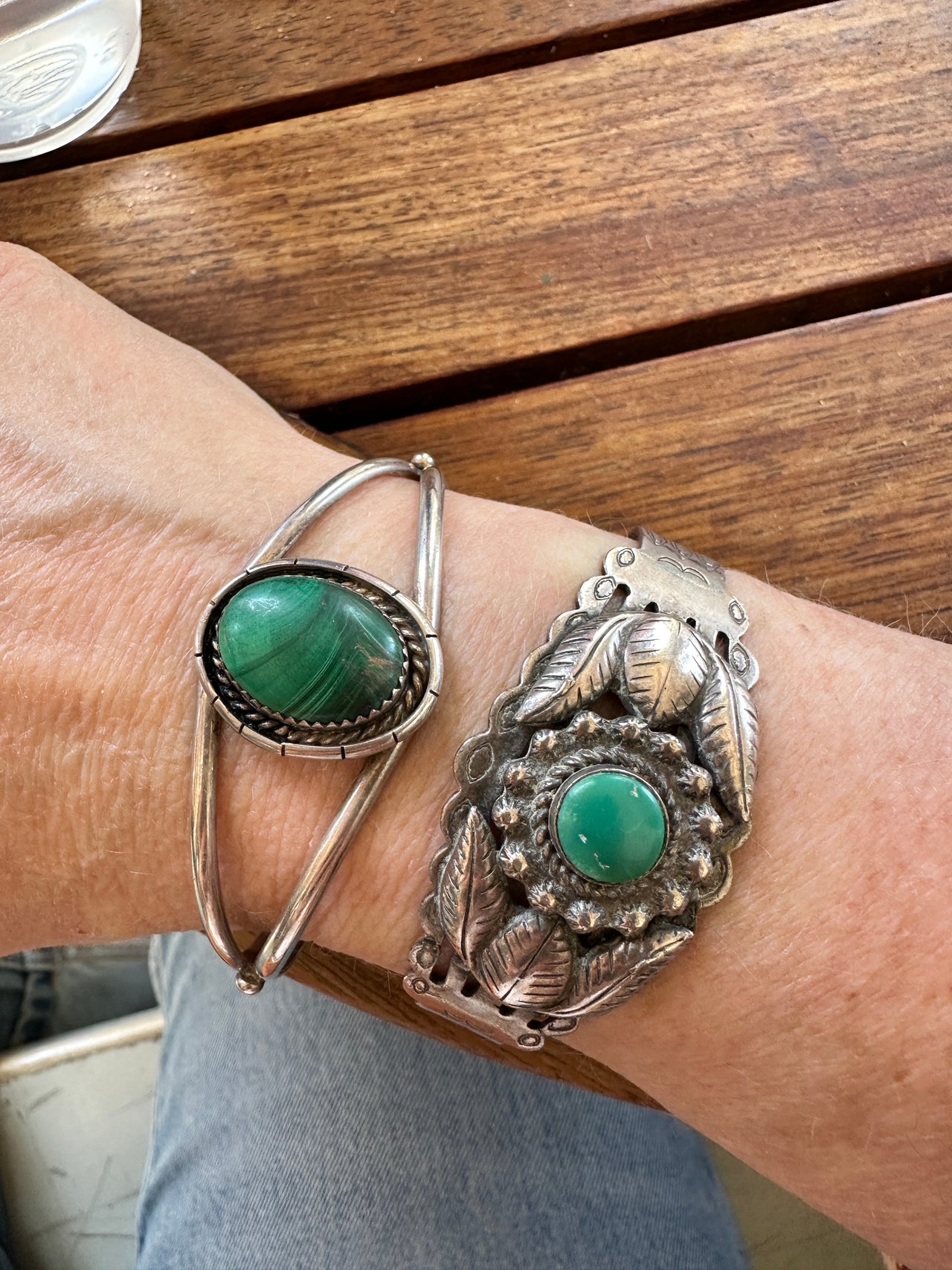 Vintage Sterling Silver Malachite Cuff Bracelet Oval Green Stone Bracelet with Maker’s Initials