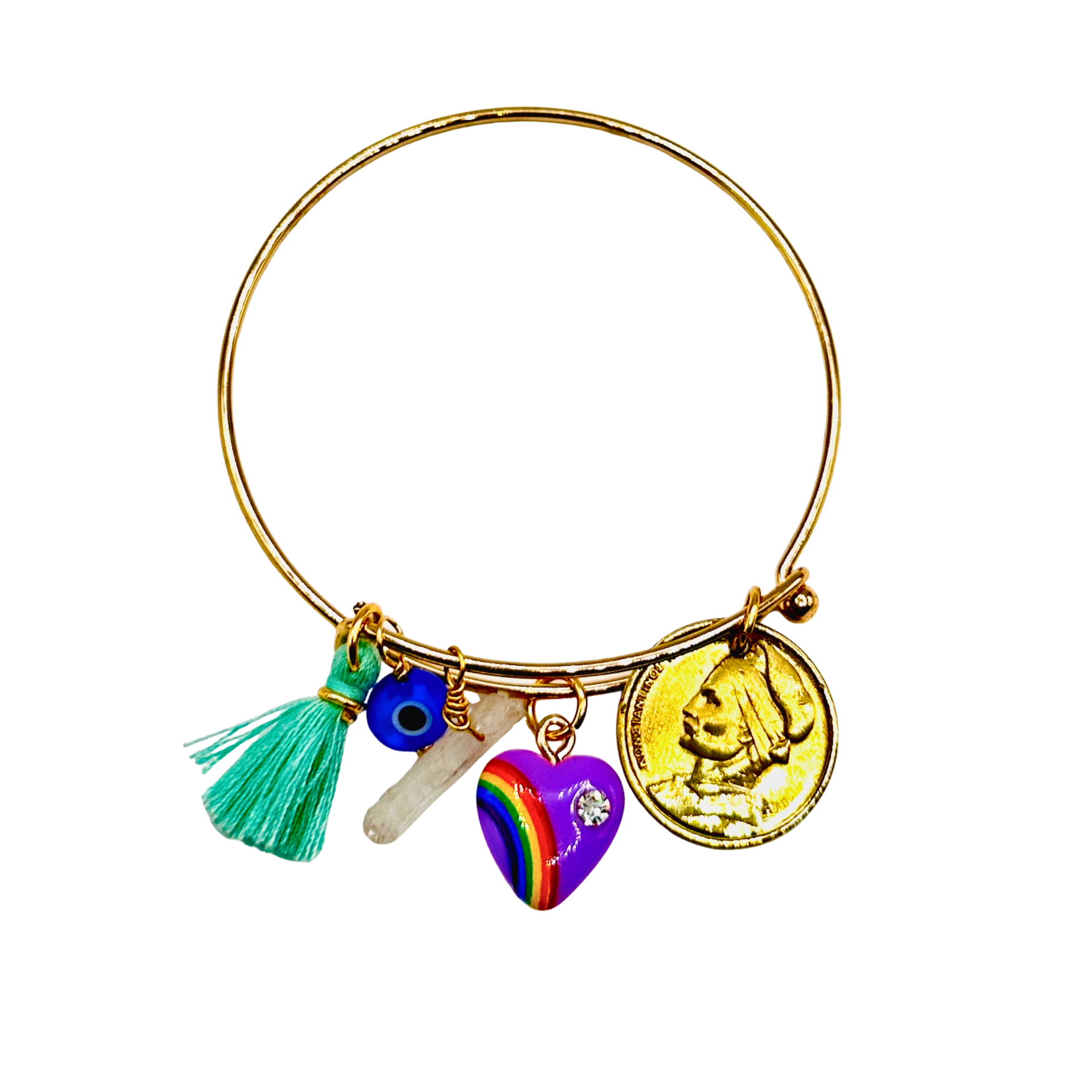 Gold bracelet with various charms including a rainbow heart, tassel, and coin on a white background