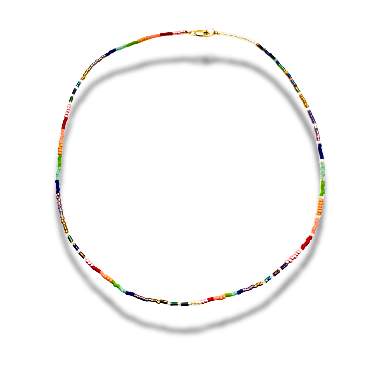 Colorful beaded necklace on a white background