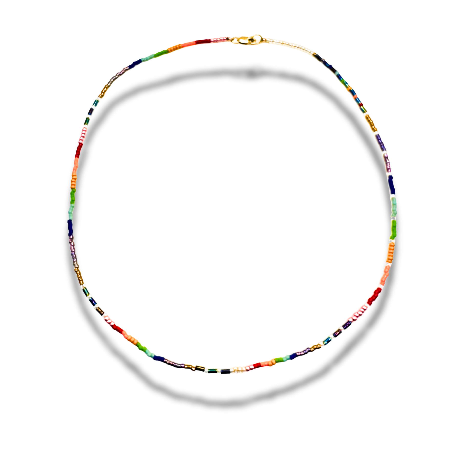 Colorful beaded necklace on a white background