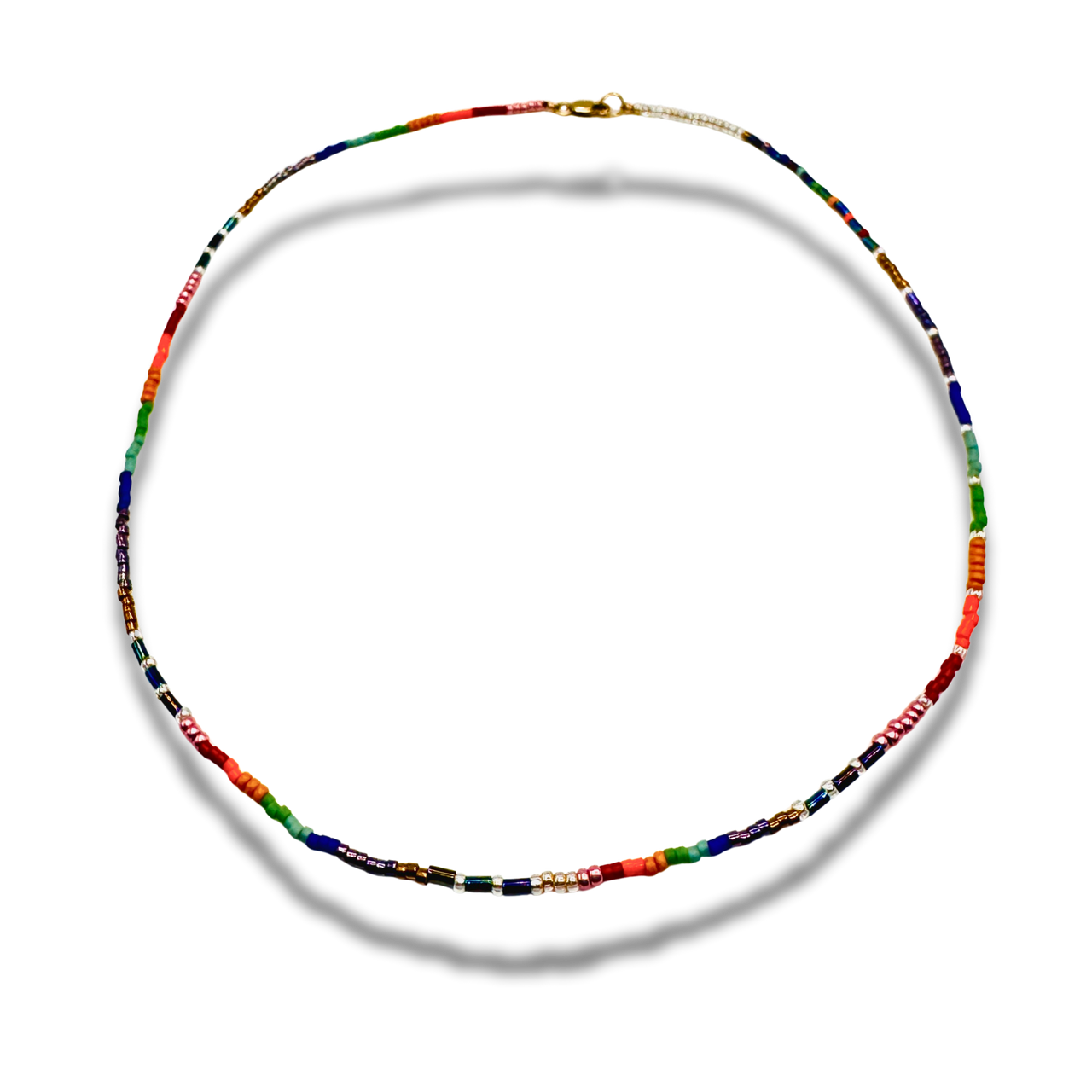Multicolored beaded necklace on a white background