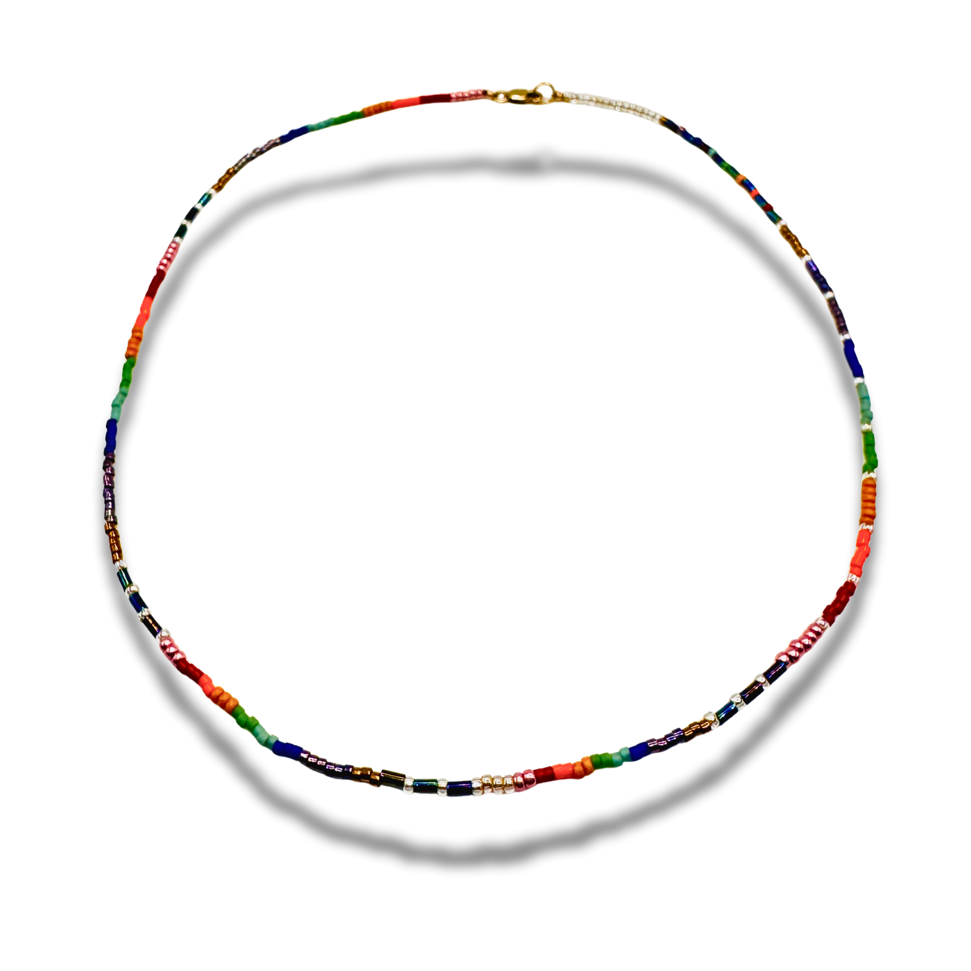 Multicolored beaded necklace on a white background