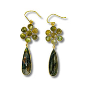 A pair of gold-plated brass bezel set stone earrings with dangling designs featuring labradorite stones.