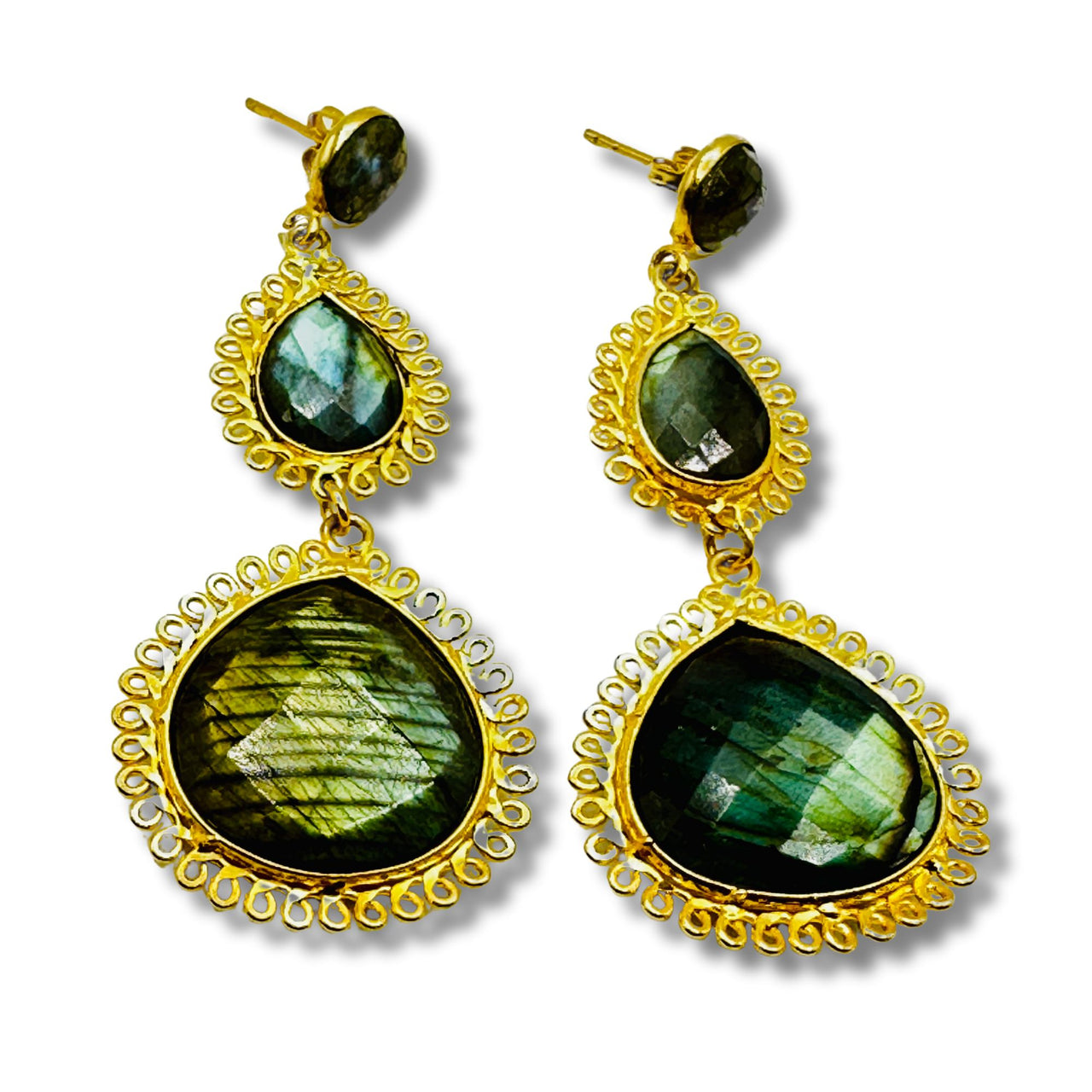 A pair of gold-plated brass dangle earrings with bezel-set labradorite stones.