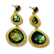 A pair of gold-plated brass dangle earrings with bezel-set labradorite stones.