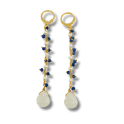 Pair of earrings with gold hooks, blue beads, white stones, and gold loops on a white background