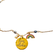 Necklace with 'live aloha' pendant and rainbow charm on a white background