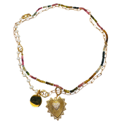 Multicolored beaded necklace with gold chain and heart-shaped pendant on a white background