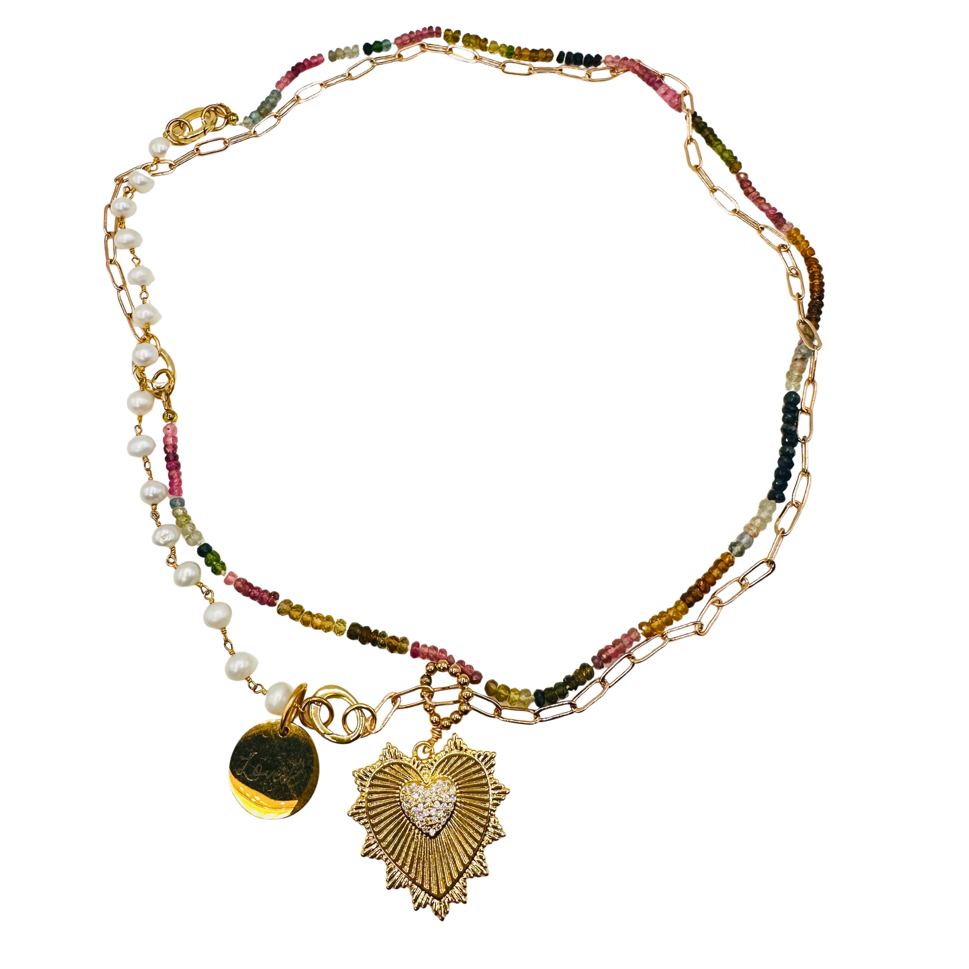 Multicolored beaded necklace with gold chain and heart-shaped pendant on a white background