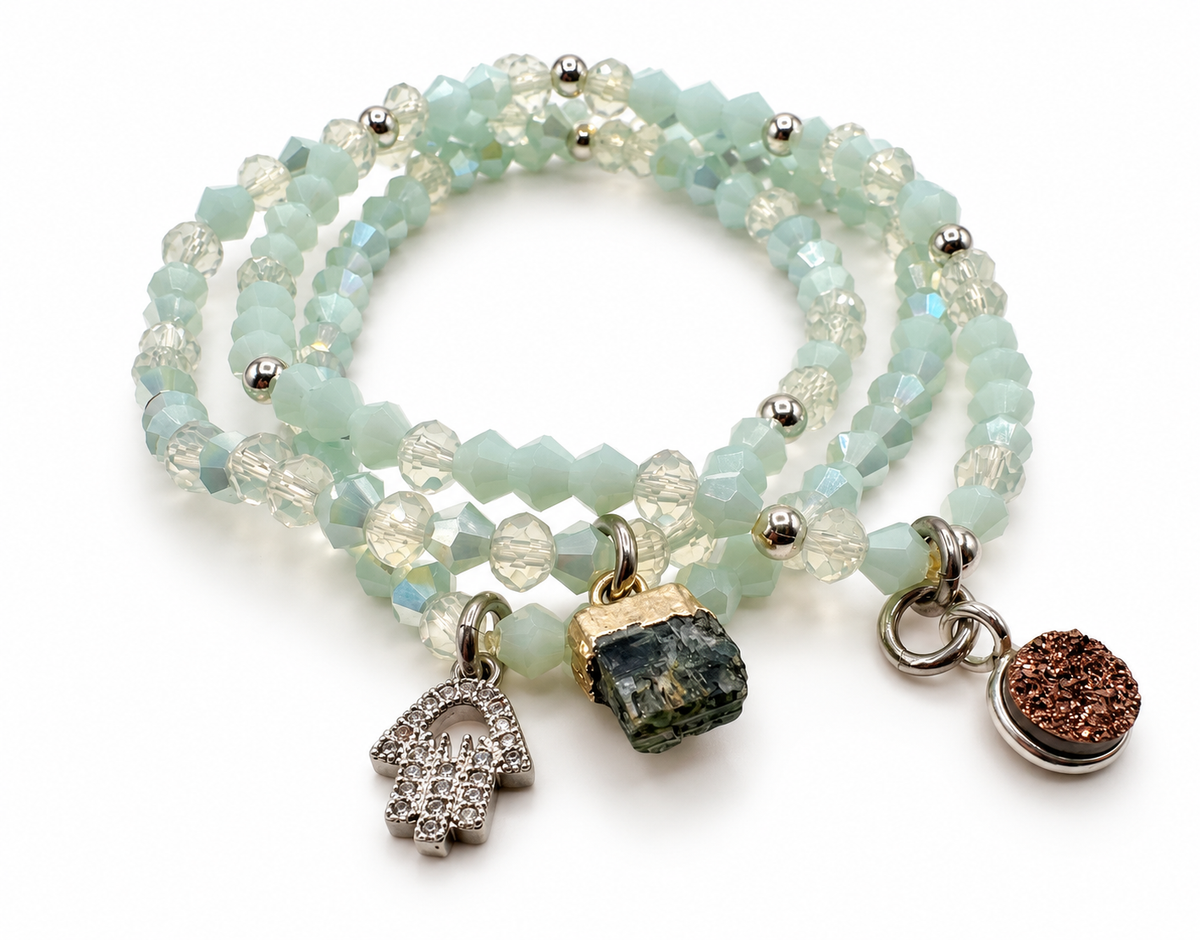 Mint Crystal Bracelet Stack with Hamsa & Gemstone Charms